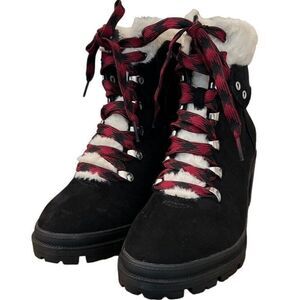 Ladies Size 9 Black Faux Suede And Fur Lined Calf High Combat Boots Lace Up New
